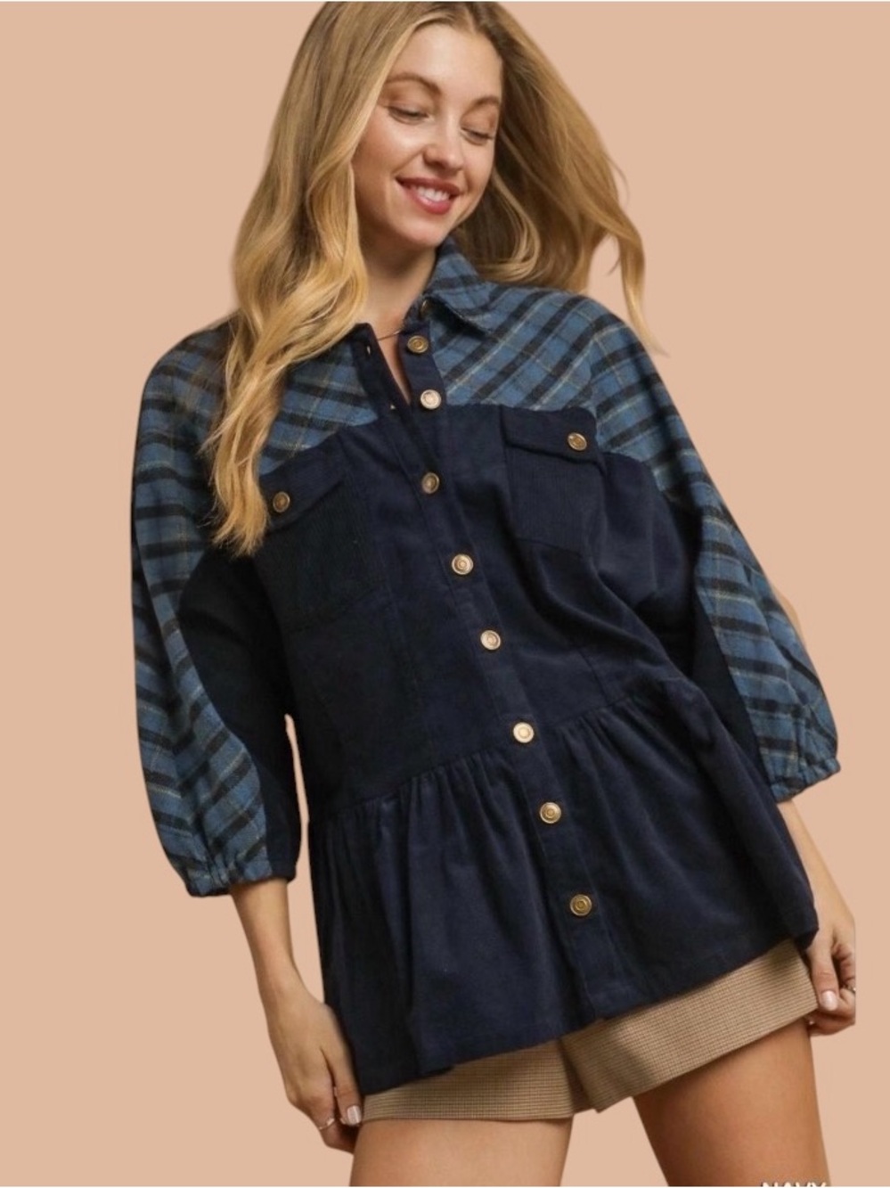 Umgee Navy Coat with Blue Plaid Yoke and Sleeves